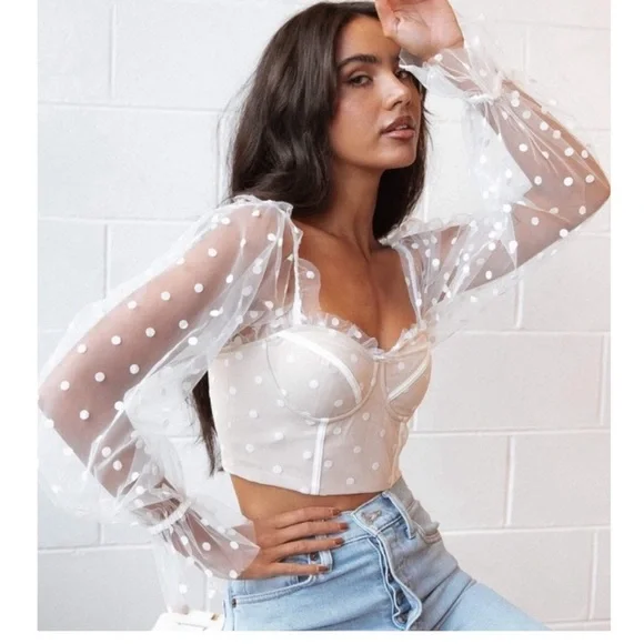 Hello Molly Sunset Polka Dot Mesh Sweetheart Corset Crop Top Preppy Beige 4 - Picture 2 of 12